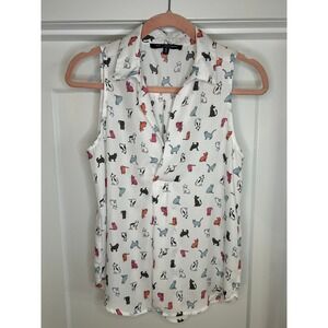 One Clothing White Cat Print Sleeveless V-Neck Blouse Small Kitschy Whimsical